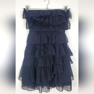 J. Crew Black Strapless Silk Cocktail Dress Layered Ruffle Waist Size 0